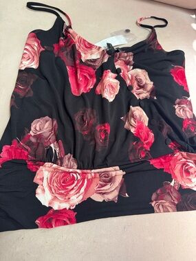 White House Black Market Black Floral Satin Cami with Button Detail